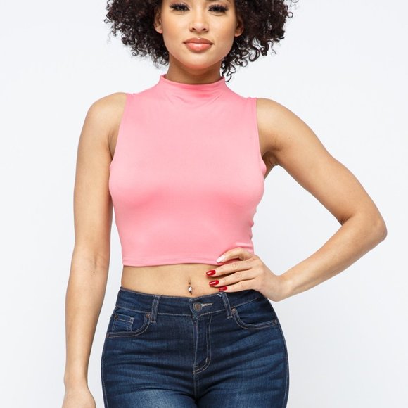 Women's High Neck Crop Tops Basic Racer Back Cropped Tank Sleeveless Shirts - Picture 3 of 7
